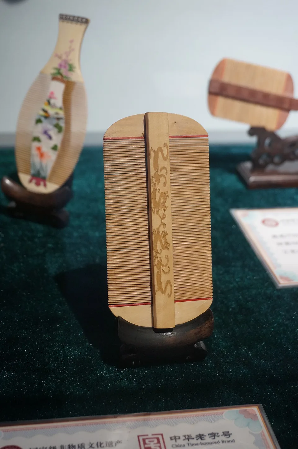 An intricate traditional fine-toothed Changzhou comb displayed in a museum.