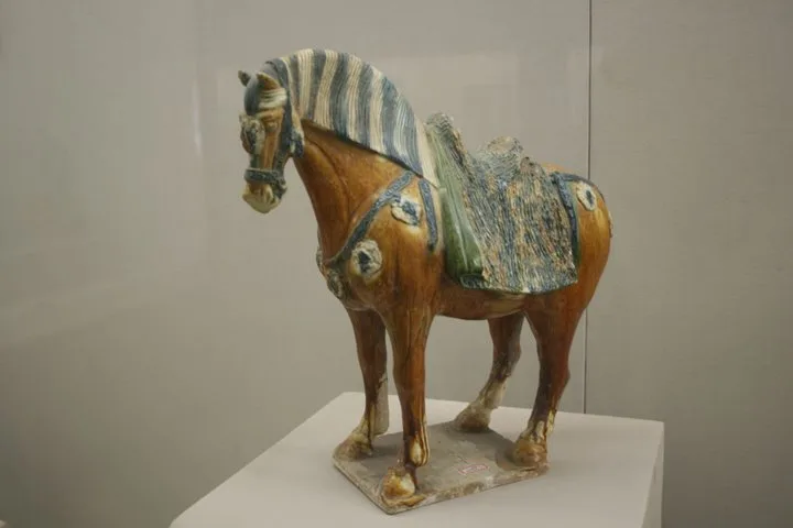 A glazed Tang-dynasty sancai pottery horse on display.