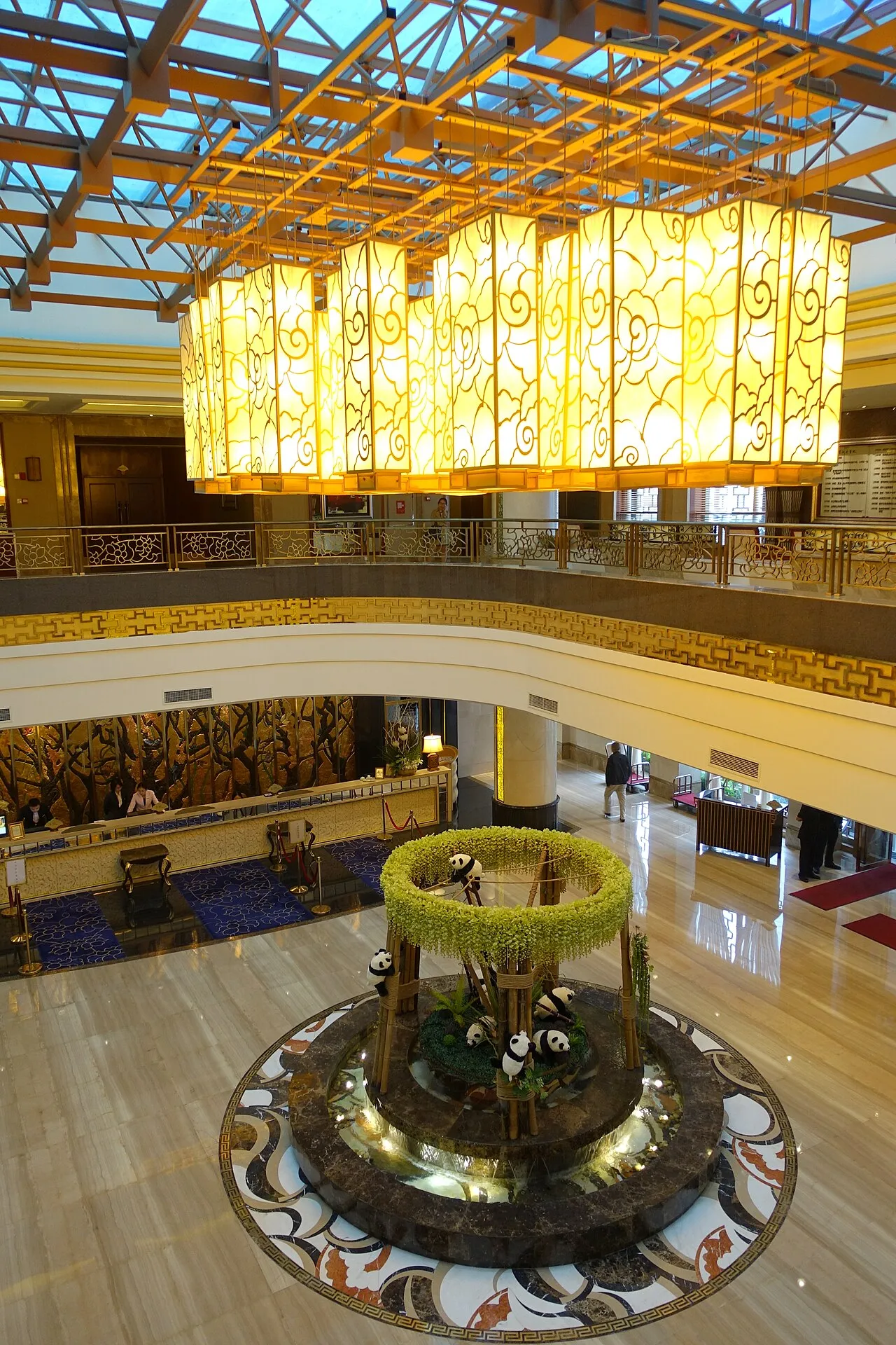The lobby of Wangjiang Hotel in Chengdu. Check-in requirements should be confirmed with your own hotel.