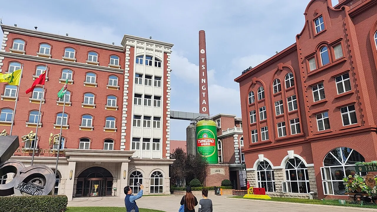 Brick brewery buildings around the visitor courtyard at Tsingtao Beer Museum.