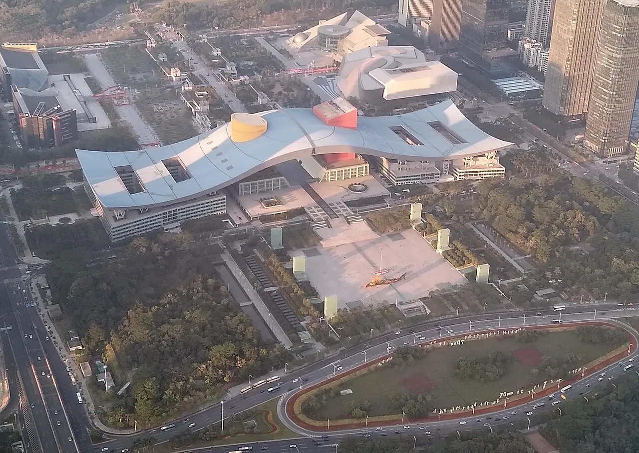 Shenzhen Civic Center seen from the Free Sky observation deck in Ping An Finance Centre.